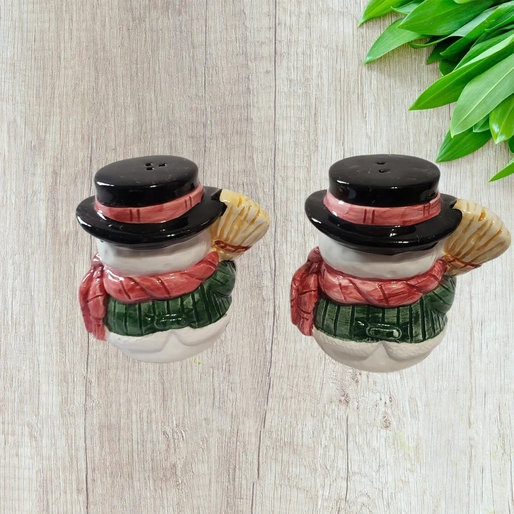 Vintage christmas holiday snowmen with broom salt & pepper shakers 